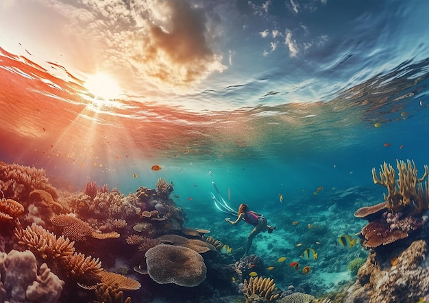 Photo Plongée en apnée Natation sous-marine avec un paysage corallien par une journée ensoleillée