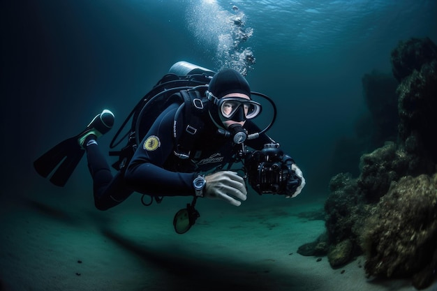 Photo d'un plongeur prenant des photos avec son appareil photo sous l'eau créé avec une IA générative