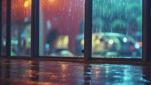 Photo de la pluie à l'extérieur de la fenêtre Goutte d'eau sur le verre Bokeh humeur chaude