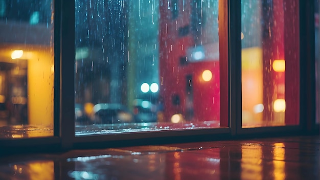 Photo de la pluie à l'extérieur de la fenêtre Goutte d'eau sur le verre Bokeh humeur chaude