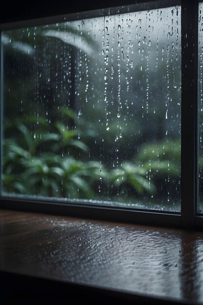 Photo de la pluie à l'extérieur de la fenêtre Goutte d'eau sur le verre Bokeh humeur chaude