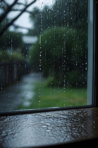 Photo de la pluie à l'extérieur de la fenêtre Goutte d'eau sur le verre Bokeh humeur chaude