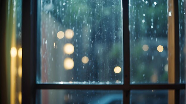 Photo de la pluie à l'extérieur de la fenêtre Goutte d'eau sur le verre Bokeh humeur chaude