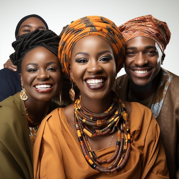 Photo de plusieurs Africains noirs aux cheveux bouclés avec des expressions heureuses sur fond blanc