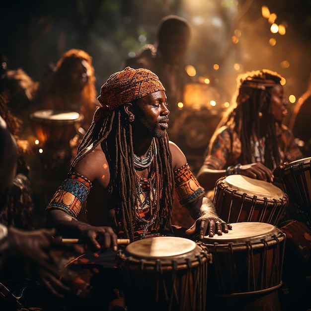 Photo photo de plusieurs batteurs africains jouant de l'instrument de musique traditionnel djembe