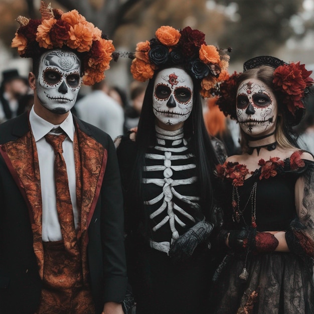 Une photo de plusieurs personnes avec des costumes et des visages effrayants le jour du papier peint mort