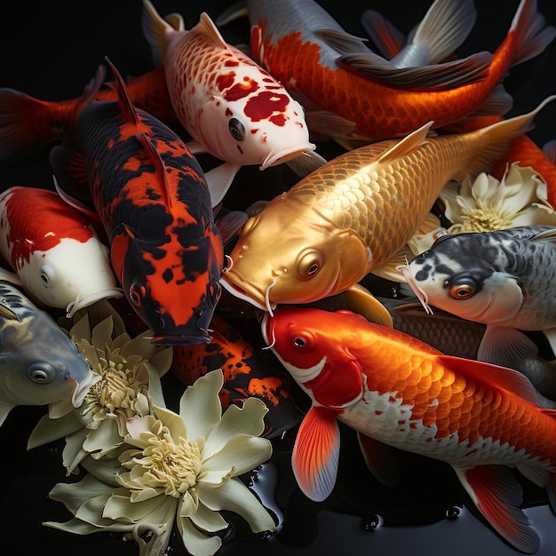 photo de plusieurs poissons koi colorés