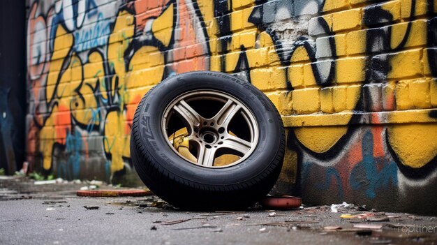 Une photo d'un pneu appuyé contre un mur