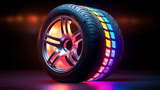 Une photo d'un pneu avec des lumières LED colorées