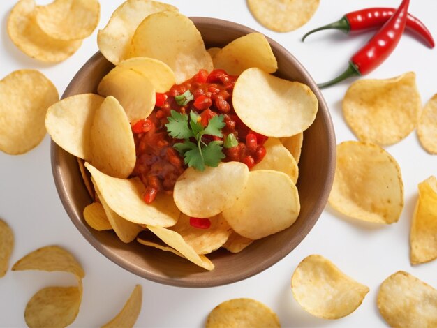 Photo png chips de pommes de terre dans un bol avec du piment isolé sur fond blanc