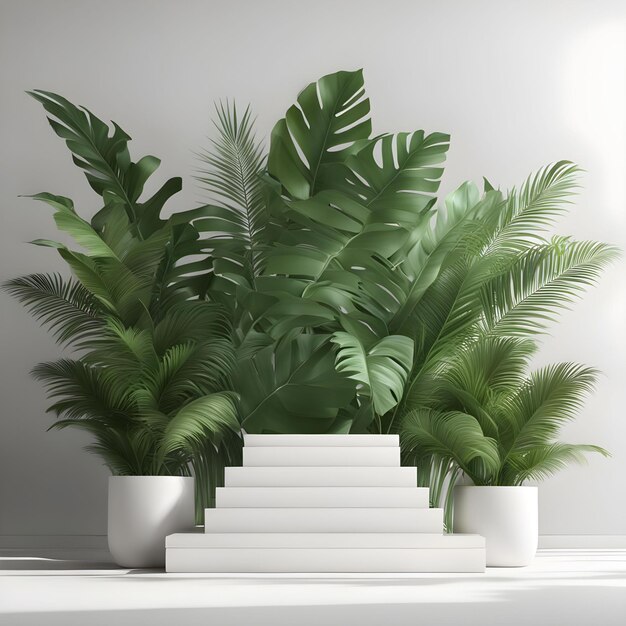 photo podium produit 3D blanc avec feuilles de palmiers tropicaux verts