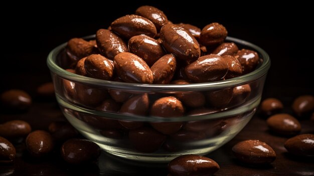 Une photo d'une poignée d'amandes recouvertes de chocolat dans un récipient de taille collation