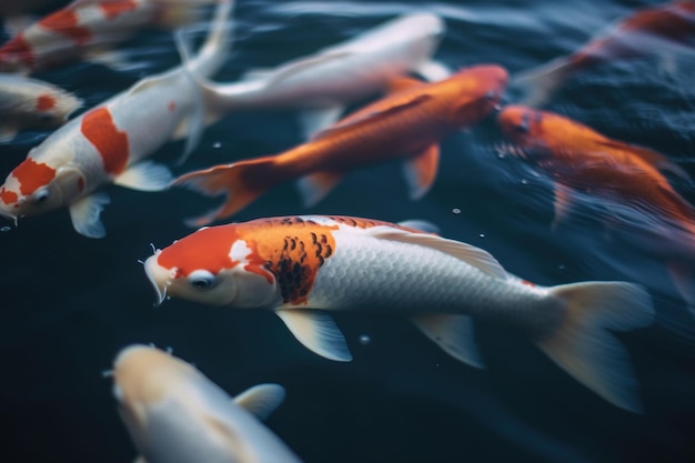 Une photo de poissons koi de groupe avec une peau colorée nageant dans l'arrière-plan de l'eau de la piscine sombre