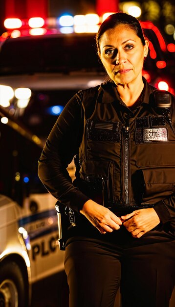 photo d'un policier d'âge moyen debout devant une voiture de police la nuit avec une lumière arrière générative AI