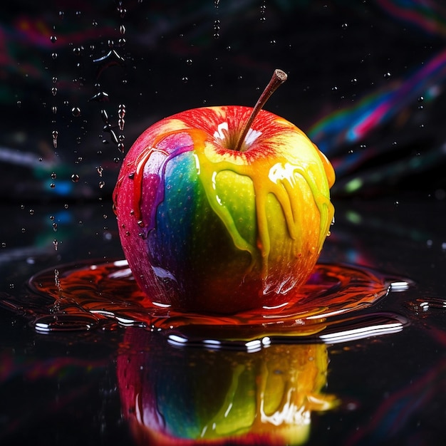 Photo une pomme colorée est dans une éclaboussure d'eau générée par ai