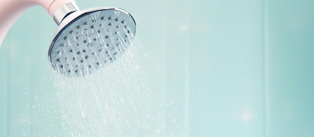 Photo d'une pomme de douche avec de l'eau qui coule avec espace de copie