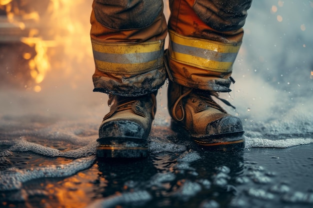 Photo d'un pompier robuste et déterminé avec des bottes souillées en action