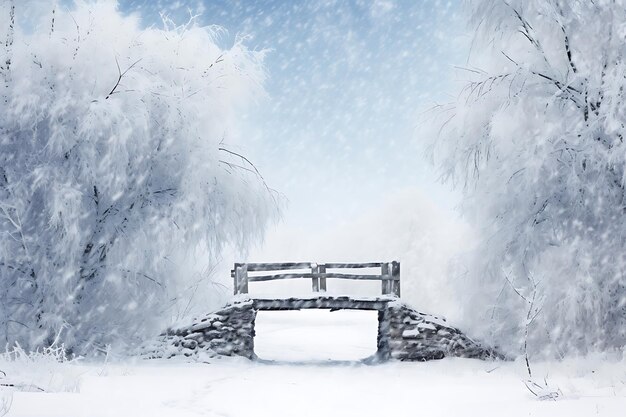 Photo d'un pont couvert de neige dans une tempête de neige d'hiver