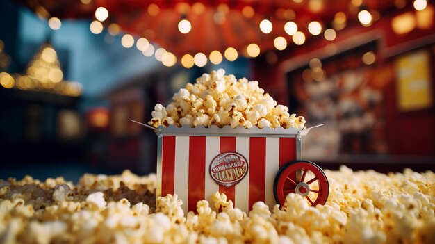 Une photo de pop-corn dans un chariot à pop-corns vintage