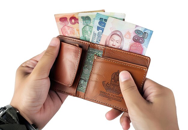Photo photo d'un portefeuille avec une pile d'argent dollars de monnaie prêter de l'argent paiement anticipé