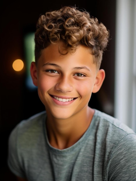 Photo portrait d'un adolescent canadien aux cheveux bouclés souriant