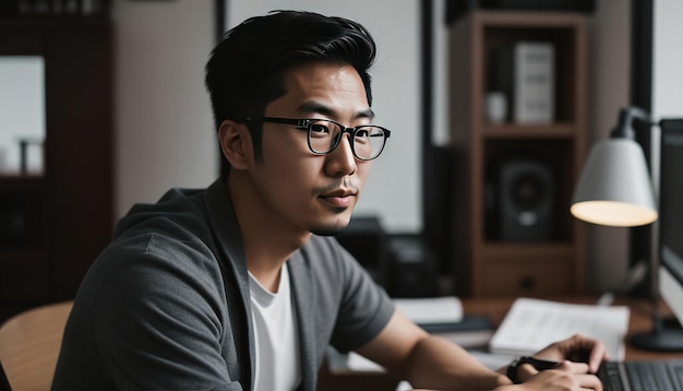 Une photo de portrait d'un Asiatique avec des lunettes.