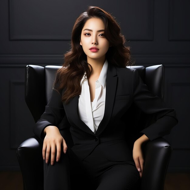 Photo portrait de la belle femme d'affaires asiatique assise sur un fauteuil de direction