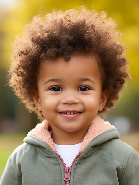 Photo portrait d'un enfant fidjien, cheveux bouclés, souriant