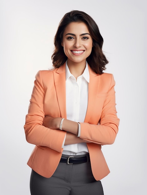 Une photo de portrait d'une femme d'affaires souriante réaliste pour l'équipe d'un site Web vue au-dessus du wai