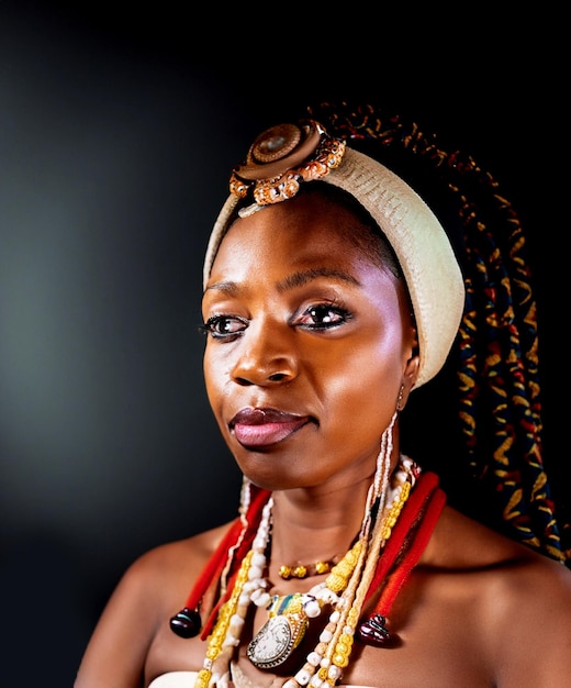 Photo portrait d'une femme africaine portant des accessoires traditionnels et posant sur fond noir