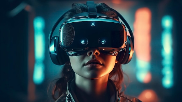 Photo portrait femme cyberpunk sur le personnage cyborg d'arrière-plan flou isolé portant des lunettes de réalité virtuelle générat ai