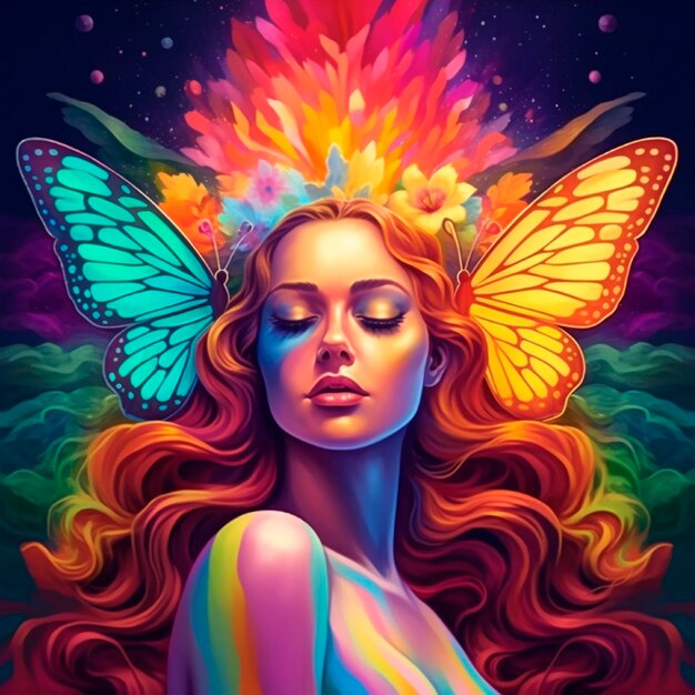 Photo portrait de femme avec l'univers et le papillon Couleurs vibrantes