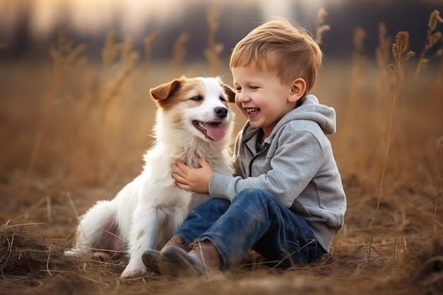 Photo portrait d'un garçon avec un chien