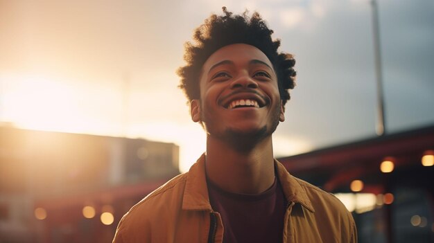 Une photo de portrait en gros plan d'un jeune homme afro-américain heureux et stylé, un hipster cool, le visage en train de rire.