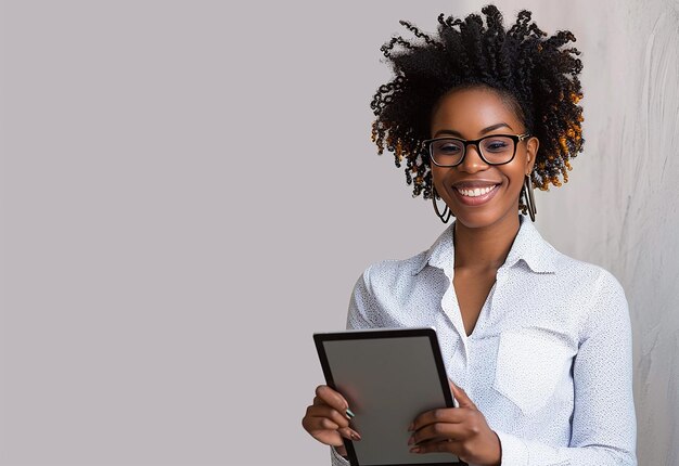 Photo portrait d'une jeune femme d'affaires souriante et confiante avec onglet