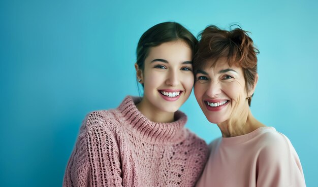 photo de portrait d'une jeune fille heureuse et souriante et d'une vieille mère sur un fond simple