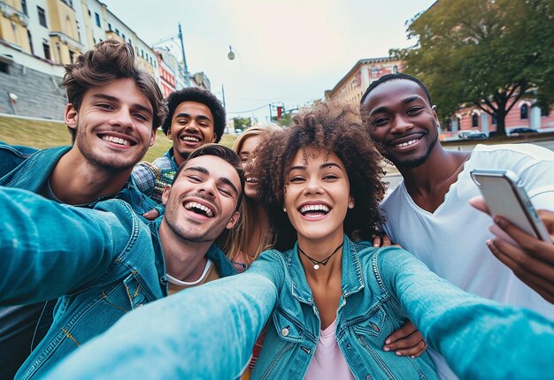 Photo portrait d'un joyeux plaisir aimant prendre ensemble des amis heureux internationaux