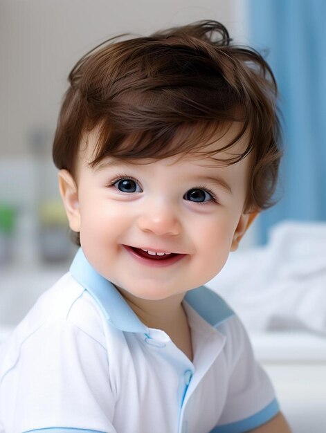 Photo portrait d'un nourrisson mexicain, cheveux ondulés, souriant