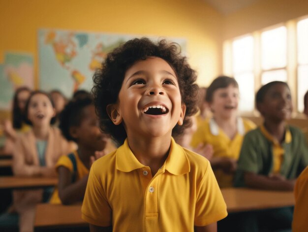 photo d'une pose dynamique émotionnelle d'un enfant brésilien à l'école