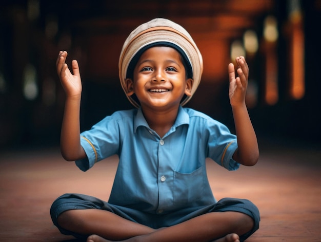 Photo photo d'une pose dynamique émotionnelle d'un enfant indien à l'école