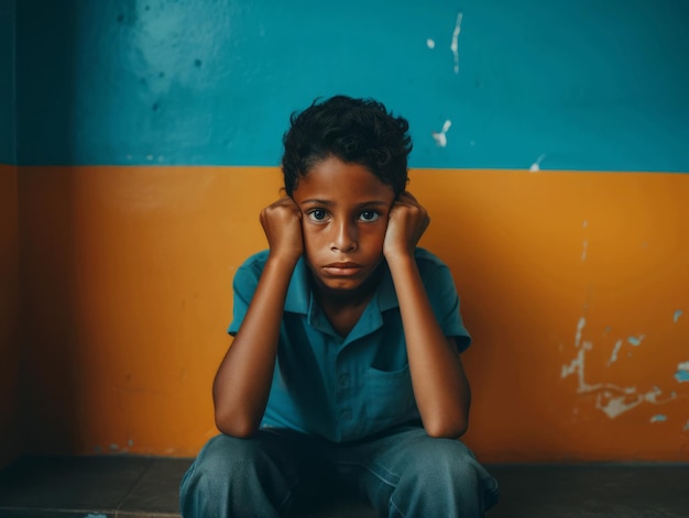 Photo d'une pose dynamique émotionnelle d'un enfant mexicain à l'école