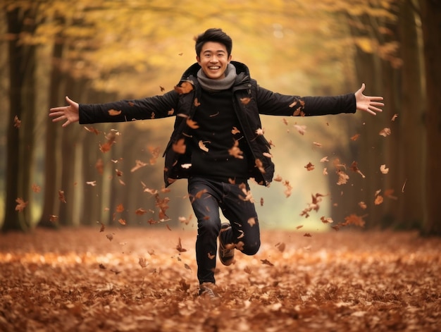 photo de pose dynamique émotionnelle homme asiatique en automne