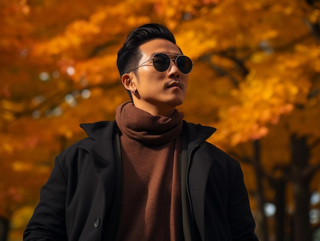 photo de pose dynamique émotionnelle homme asiatique en automne