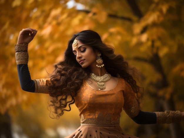 Photo photo d'une posture dynamique émotionnelle d'une femme indienne sur fond d'automne