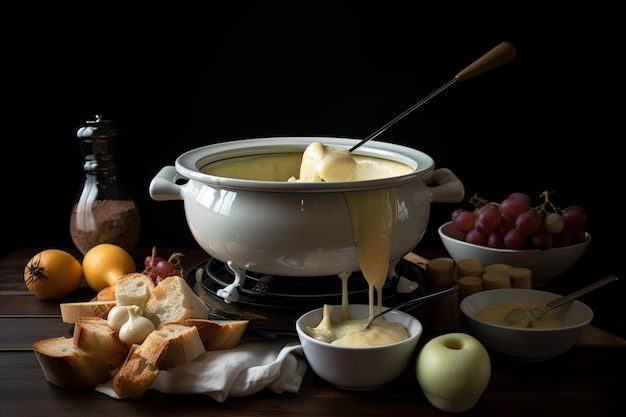 Photo photo d'un pot à fondue au fromage avec différents types de fromage