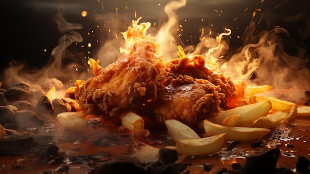 une photo d'un poulet et de frites en flammes