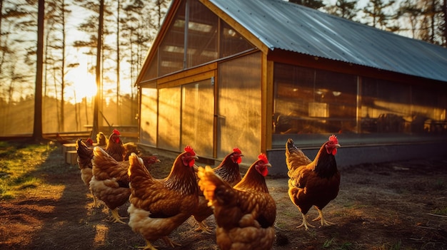 Photo de poulets à côté du poulailler