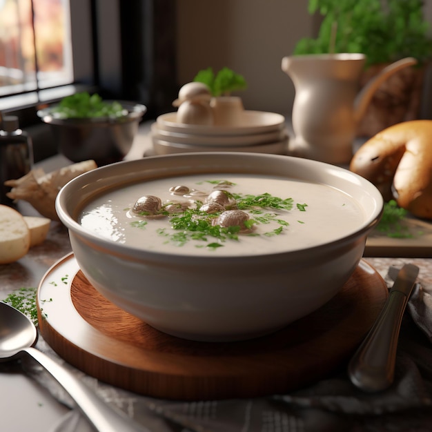 Photo pour un blog culinaire d'un bol de soupe aux champignons à la crème photoréaliste, cinématique très détaillée 4k