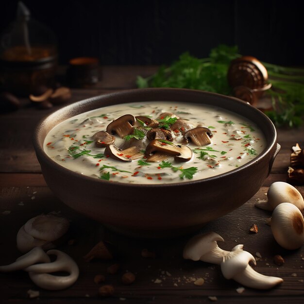 Photo pour un blog culinaire d'un bol de soupe aux champignons à la crème photoréaliste, cinématique très détaillée 4k