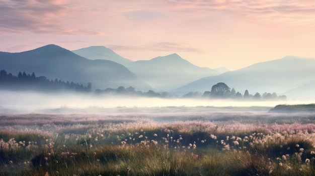 Une photo d'une prairie brumeuse des montagnes lointaines